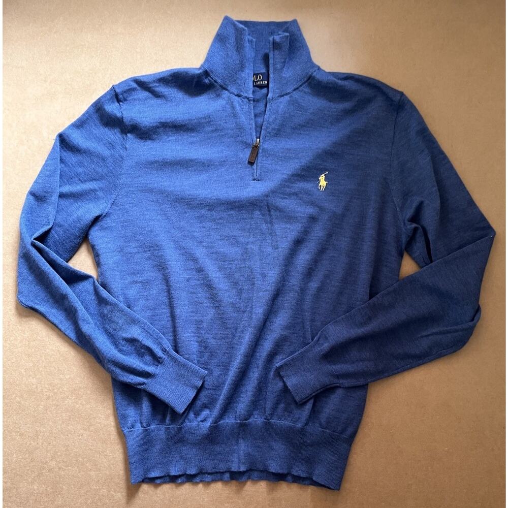 Polo Ralph Lauren Merino Wool Quarter Zip Sweater Heathered Blue M Italian Yarn - Picture 11 of 16